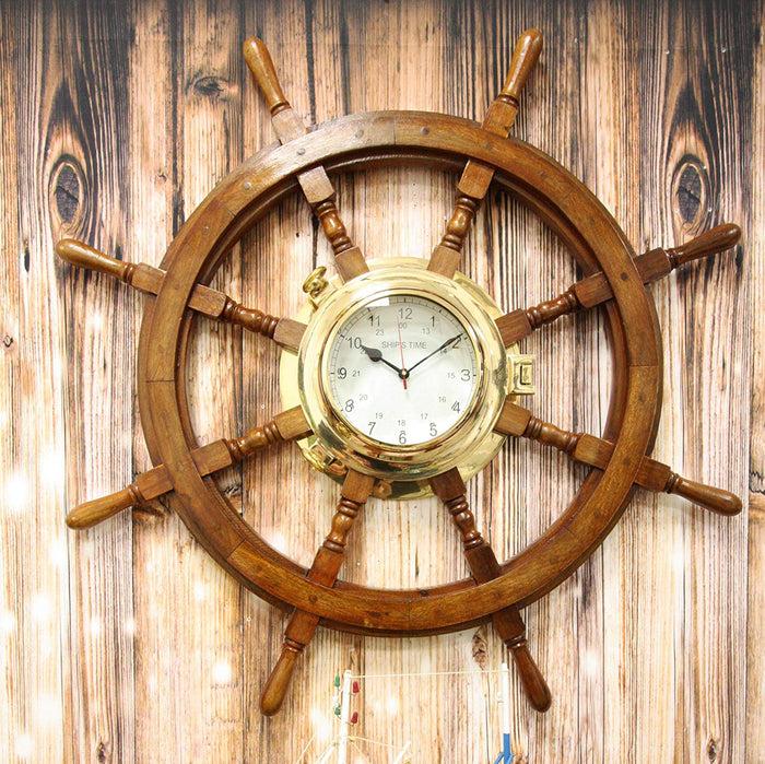 ebros gift 33.25"W Nautical Rustic Wood and Brass Ship Steering Helm Wheel Wall Clock Decor