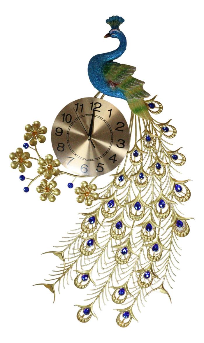 Ebros Gift 35"H Large Peacock Bird Iris Train Colorful Gold Plated Metal Analog Wall Clock