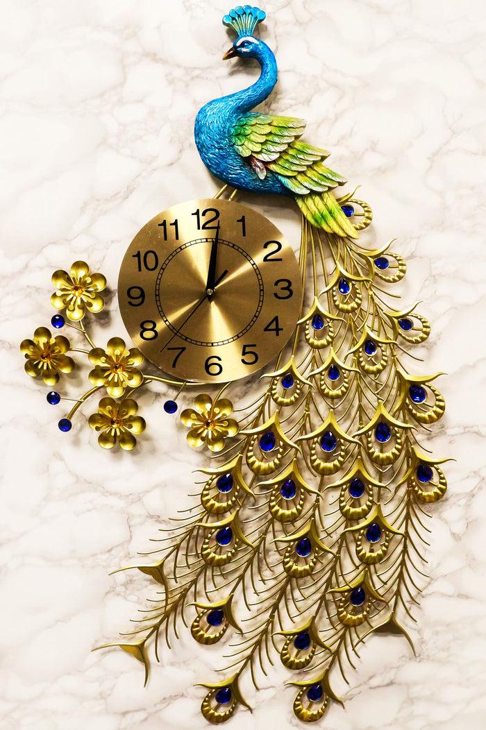 ebros gift 35"H Large Peacock Bird Iris Train Colorful Gold Plated Metal Analog Wall Clock