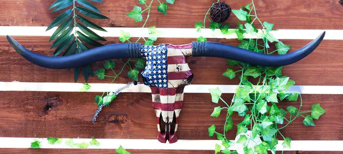 ebros gift 36"L Rustic Western USA Flag Longhorn Steer Cow Skull Wall Head Decor Plaque