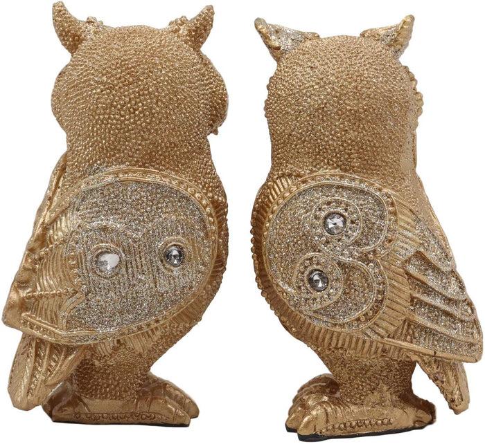 Ebros Gift 4.75"H Golden Great Horned Owls With Glitter Crystals Lace Design Figurine Set