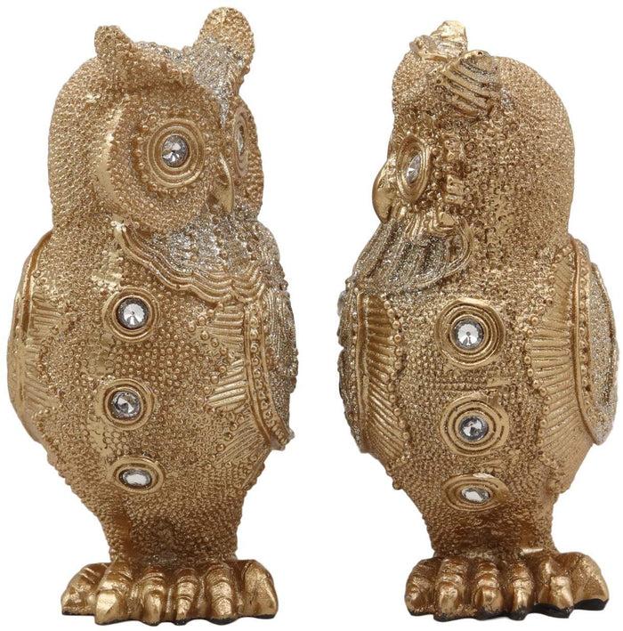 Ebros Gift 4.75"H Golden Great Horned Owls With Glitter Crystals Lace Design Figurine Set