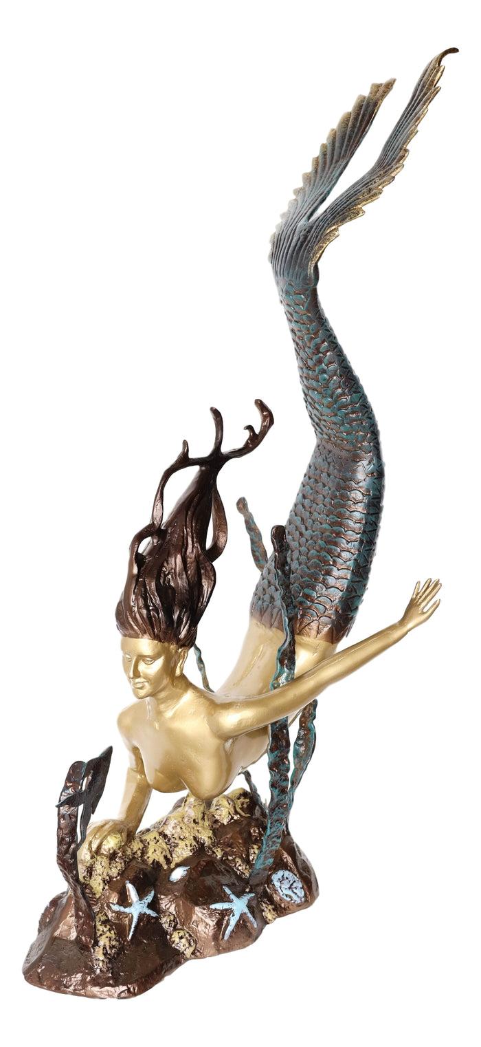 Ebros Gift 4 Feet Tall Aluminum Nautical Golden Mermaid Diving By Starfishes Coral Statue