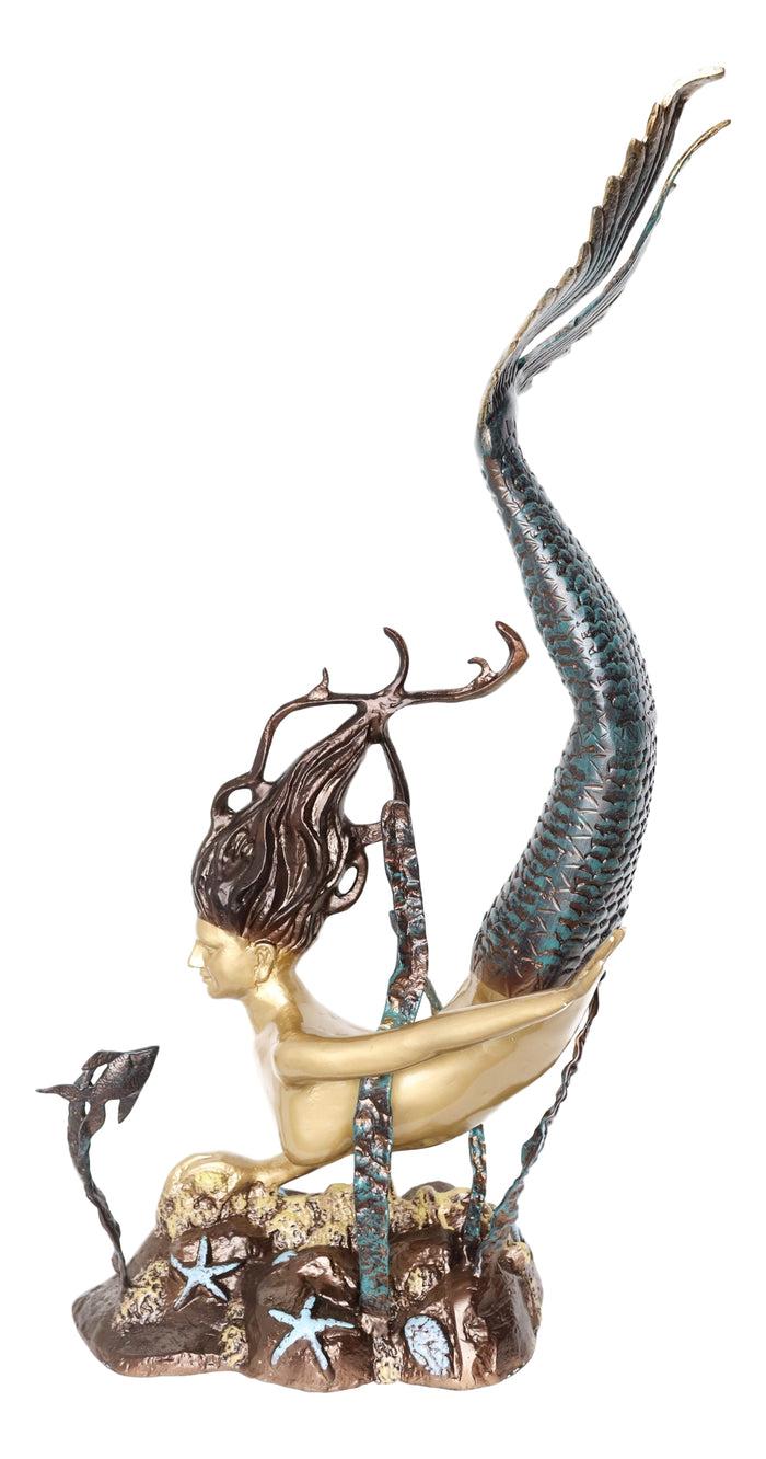 Ebros Gift 4 Feet Tall Aluminum Nautical Golden Mermaid Diving By Starfishes Coral Statue