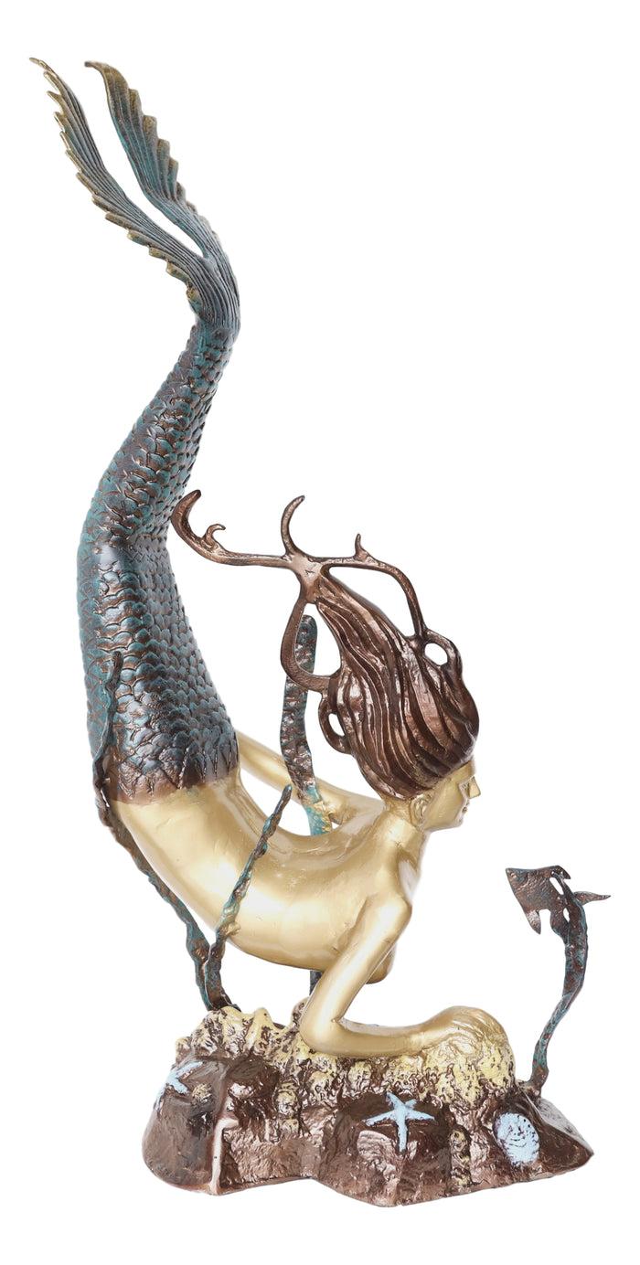 Ebros Gift 4 Feet Tall Aluminum Nautical Golden Mermaid Diving By Starfishes Coral Statue