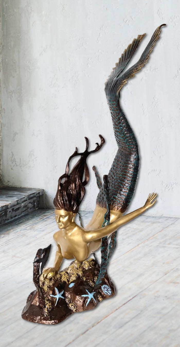 ebros gift 4 Feet Tall Aluminum Nautical Golden Mermaid Diving By Starfishes Coral Statue