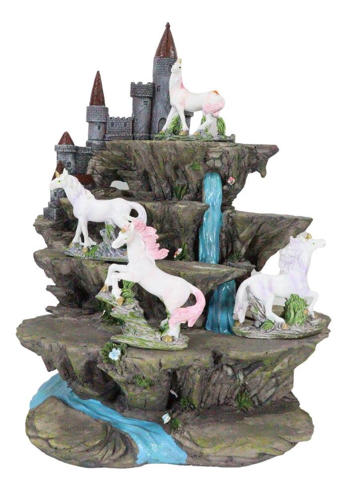 Ebros Gift 4 Miniature Rare Unicorn Pieces With Waterfall Castle Fortress Display Figurine