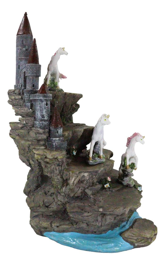 Ebros Gift 4 Miniature Rare Unicorn Pieces With Waterfall Castle Fortress Display Figurine