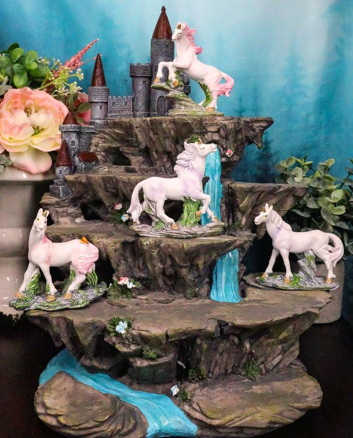 ebros gift 4 Miniature Rare Unicorn Pieces With Waterfall Castle Fortress Display Figurine