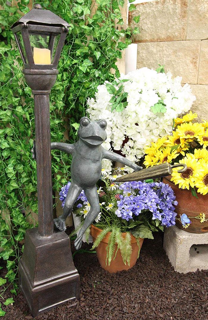 ebros gift 40"H Aluminum Whimsical Frog Dancing By Street Light Post Garden Lantern Statue