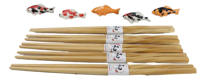 Ebros Gift 5 Pairs Of Colorful Japanese Koi Fishes Ceramic Rests With Wooden Chopsticks Set