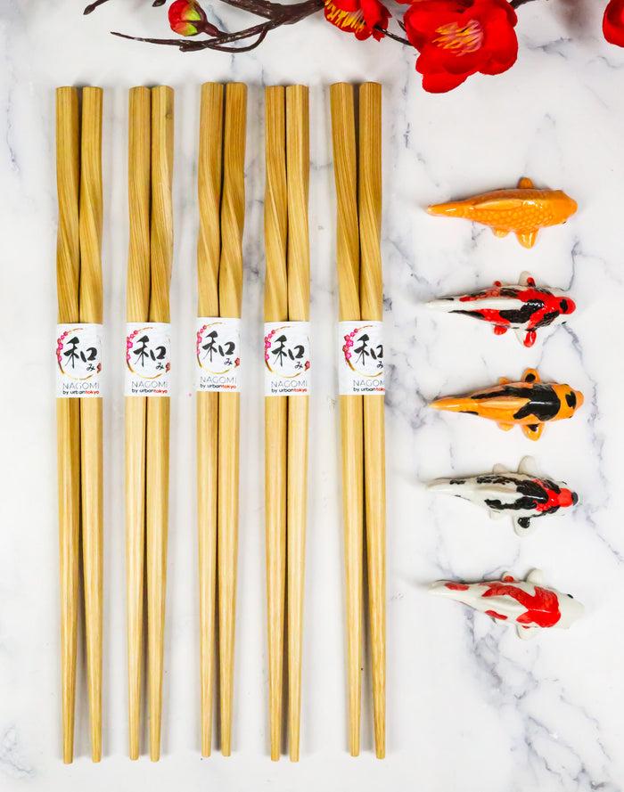 ebros gift 5 Pairs Of Colorful Japanese Koi Fishes Ceramic Rests With Wooden Chopsticks Set