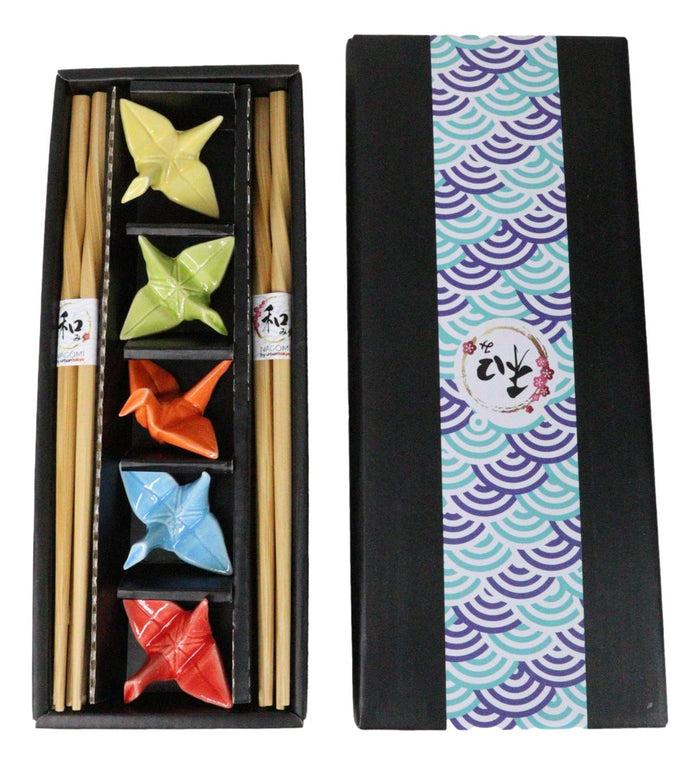 ebros gift 5 Pairs Of Colorful Origami Crane Birds Ceramic Rests With Wooden Chopsticks Set