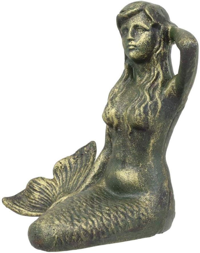 Ebros Gift 6.75"L Nautical Siren Expecting Mermaid Cast Iron Rustic Patina Finish Statue