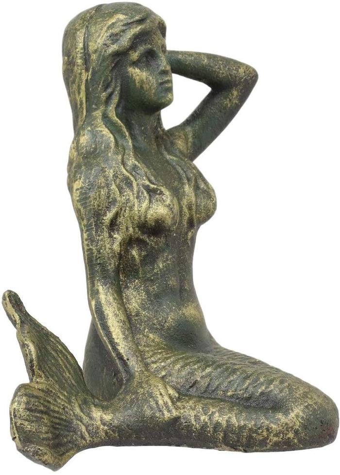 Ebros Gift 6.75"L Nautical Siren Expecting Mermaid Cast Iron Rustic Patina Finish Statue