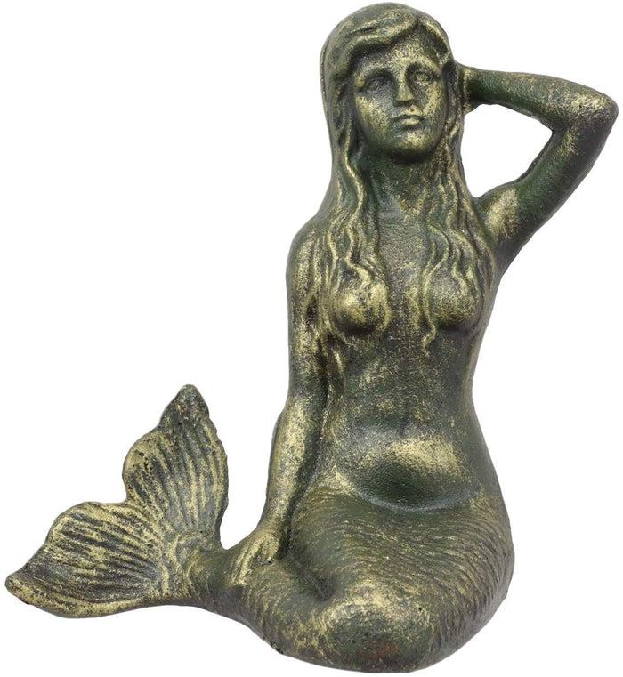 ebros gift 6.75"L Nautical Siren Expecting Mermaid Cast Iron Rustic Patina Finish Statue