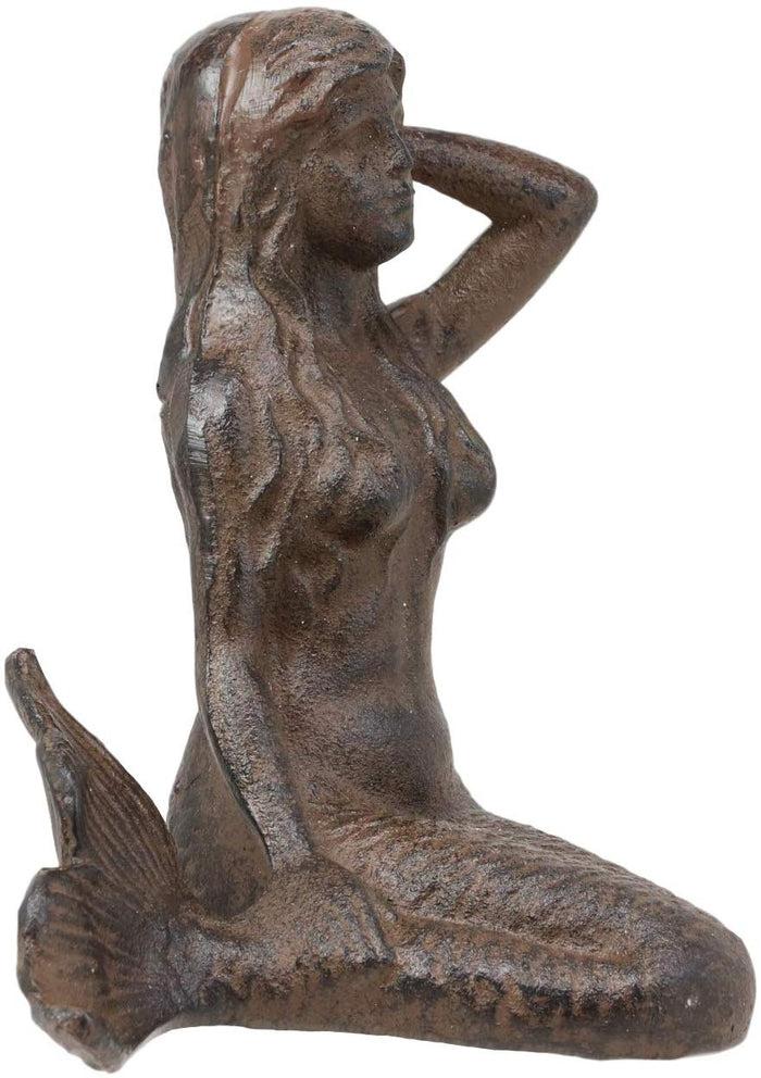 Ebros Gift 7.25"L Nautical Siren Expecting Mermaid Cast Iron Rustic Vintage Finish Statue