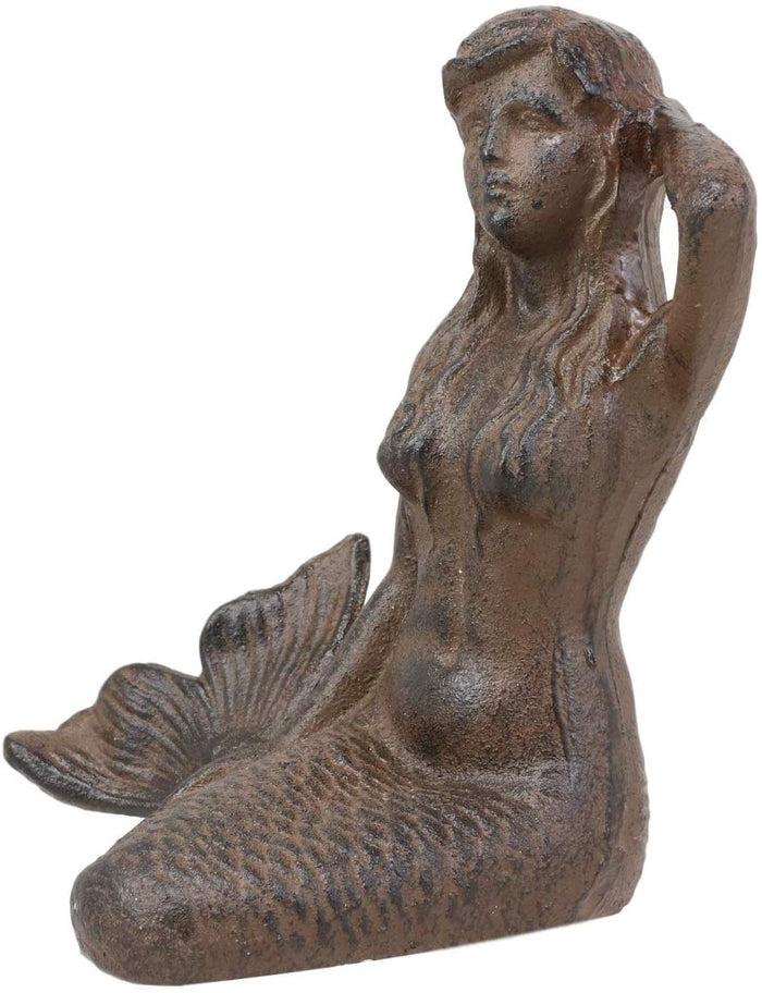 Ebros Gift 7.25"L Nautical Siren Expecting Mermaid Cast Iron Rustic Vintage Finish Statue