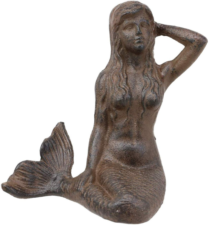 ebros gift 7.25"L Nautical Siren Expecting Mermaid Cast Iron Rustic Vintage Finish Statue