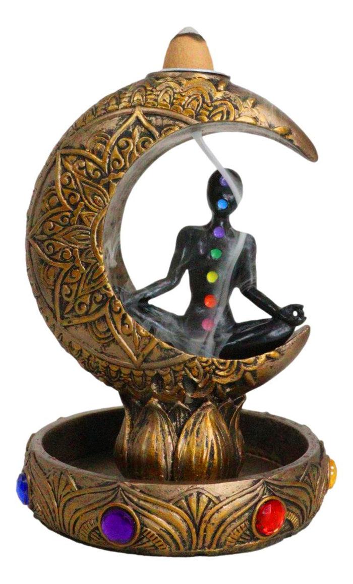 ebros gift 7 Chakra Gems Yoga Avatar Meditating On Crescent Moon Backflow Incense Holder
