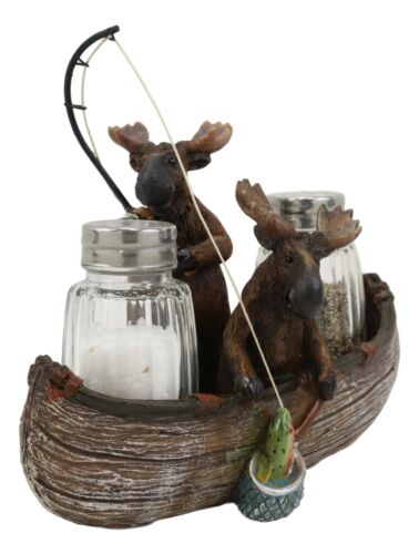 Ebros Gift 7"L Rustic Forest 2 Moose Elks Fishing With Net And Rod Salt Pepper Shakers Set