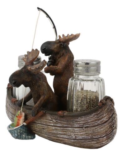 Ebros Gift 7"L Rustic Forest 2 Moose Elks Fishing With Net And Rod Salt Pepper Shakers Set