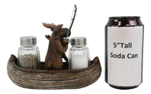 Ebros Gift 7"L Rustic Forest 2 Moose Elks Fishing With Net And Rod Salt Pepper Shakers Set