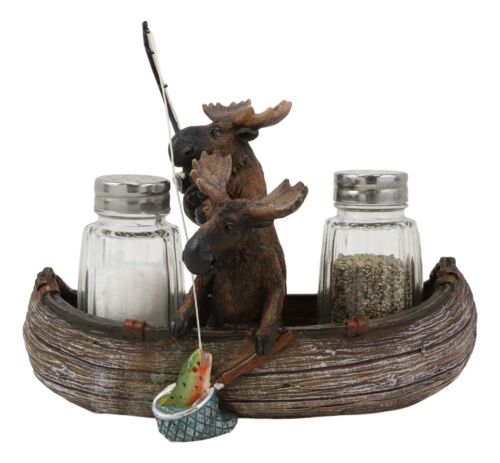 ebros gift 7"L Rustic Forest 2 Moose Elks Fishing With Net And Rod Salt Pepper Shakers Set