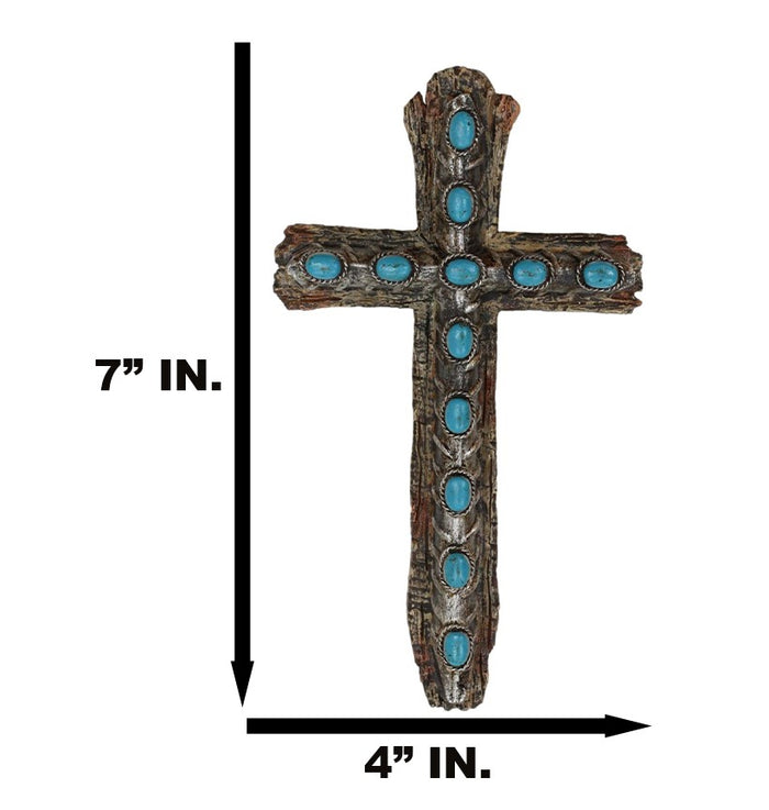 Ebros Gift 7"Tall Rustic Western Faux Distressed Wood Wall Cross With Turquoise Pebble Gems