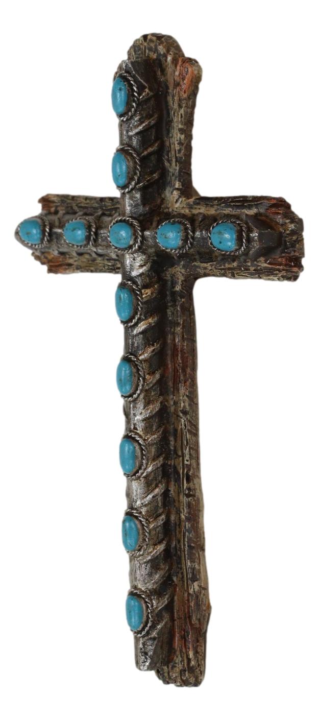 Ebros Gift 7"Tall Rustic Western Faux Distressed Wood Wall Cross With Turquoise Pebble Gems