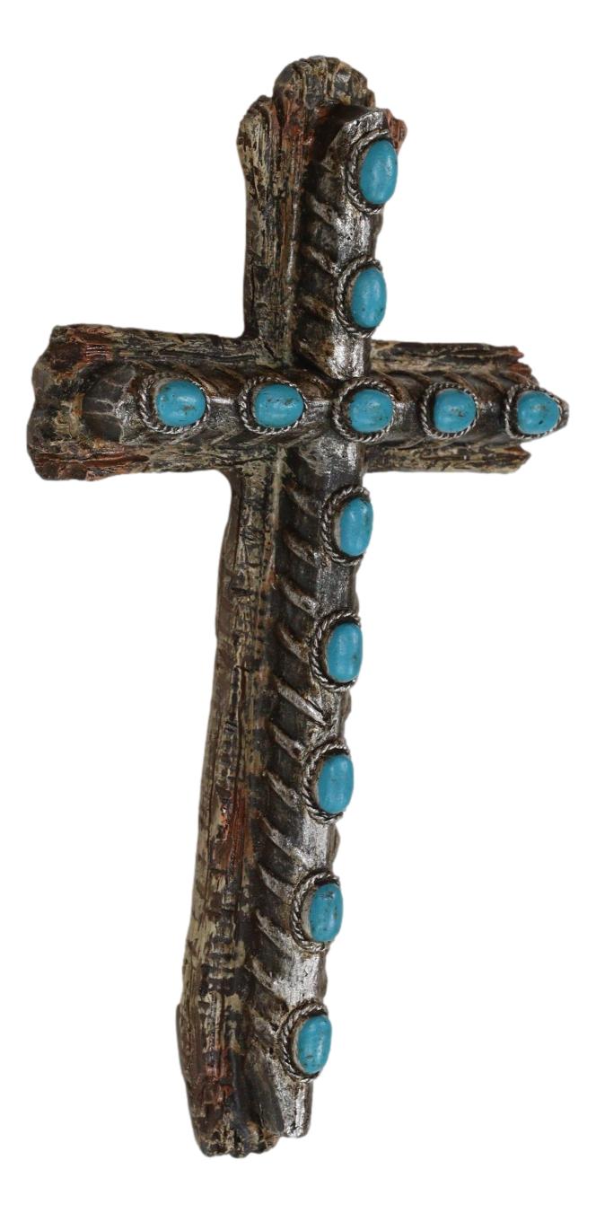 Ebros Gift 7"Tall Rustic Western Faux Distressed Wood Wall Cross With Turquoise Pebble Gems