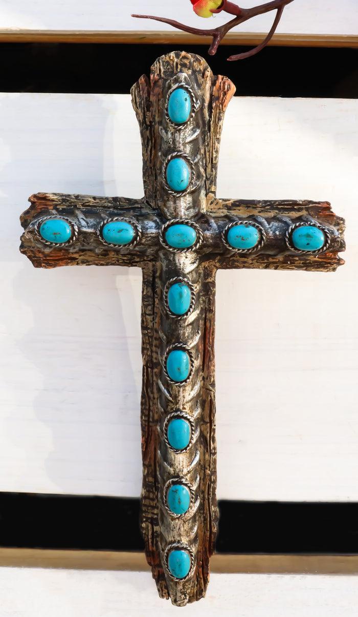 ebros gift 7"Tall Rustic Western Faux Distressed Wood Wall Cross With Turquoise Pebble Gems