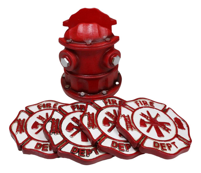 ebros gift 911 Emergency Fireman Fire Hydrant Coaster Set With 4 Firefighter Logo Coasters