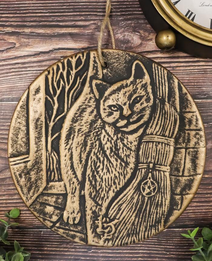 ebros gift A Brush with Magick Feline Cat With Broomstick Terracotta Medallion Wall Decor