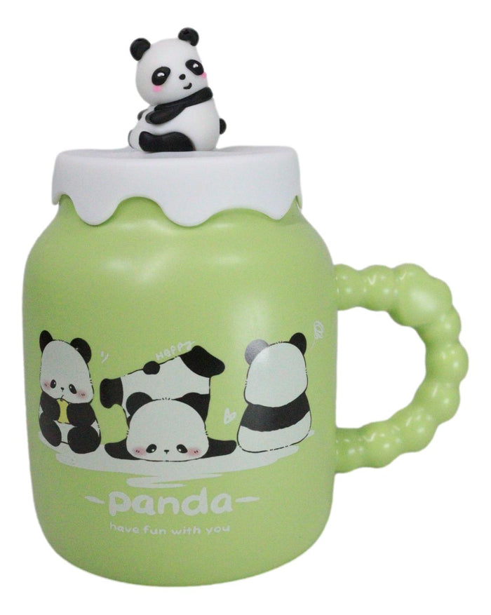 ebros gift Acrobatic Green Panda Bears Green Mug With Anime Panda Figurine Handle Lid