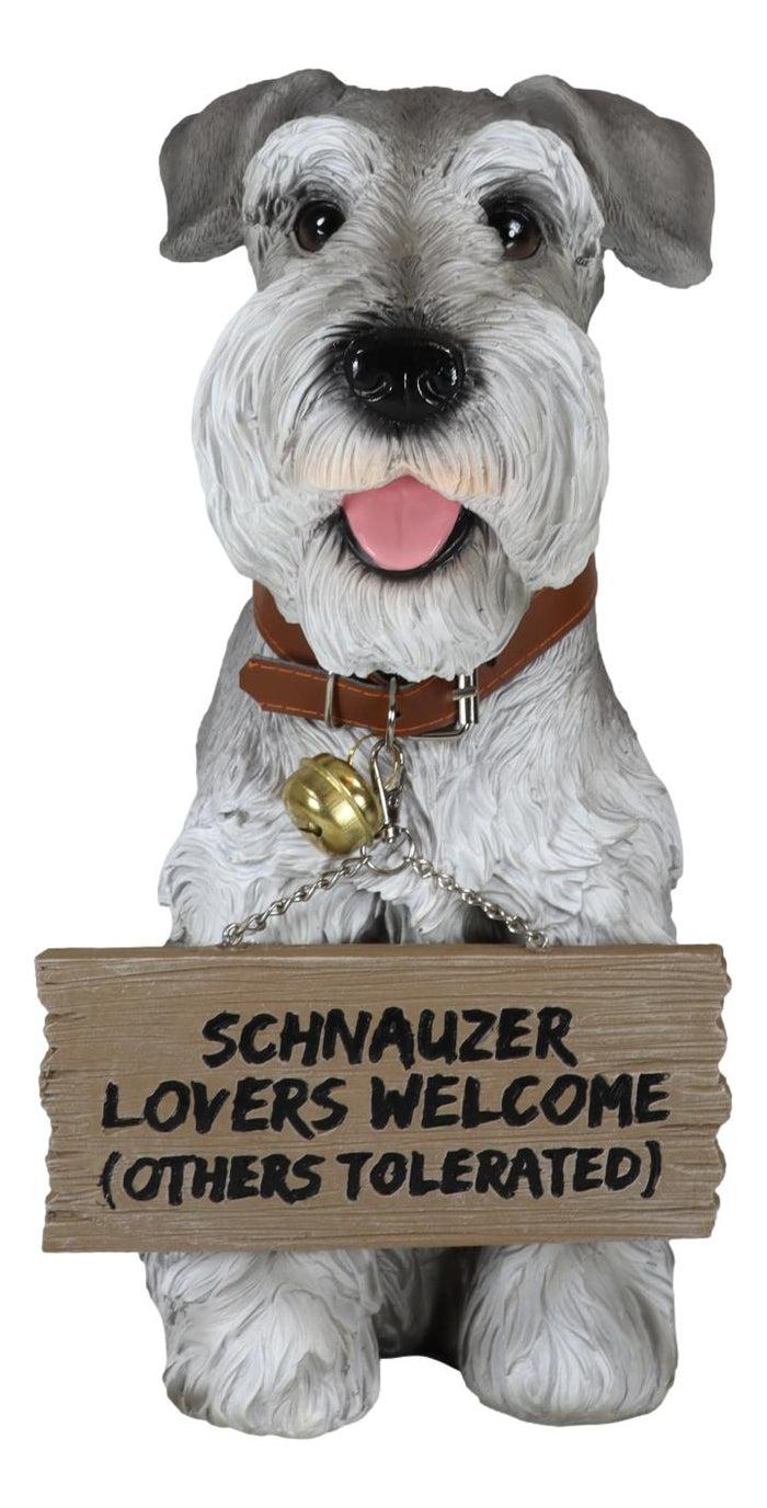 Ebros Gift Adorable Grey Schnauzer Dog Sitting With Jingle Collar Greetings Sign Statue