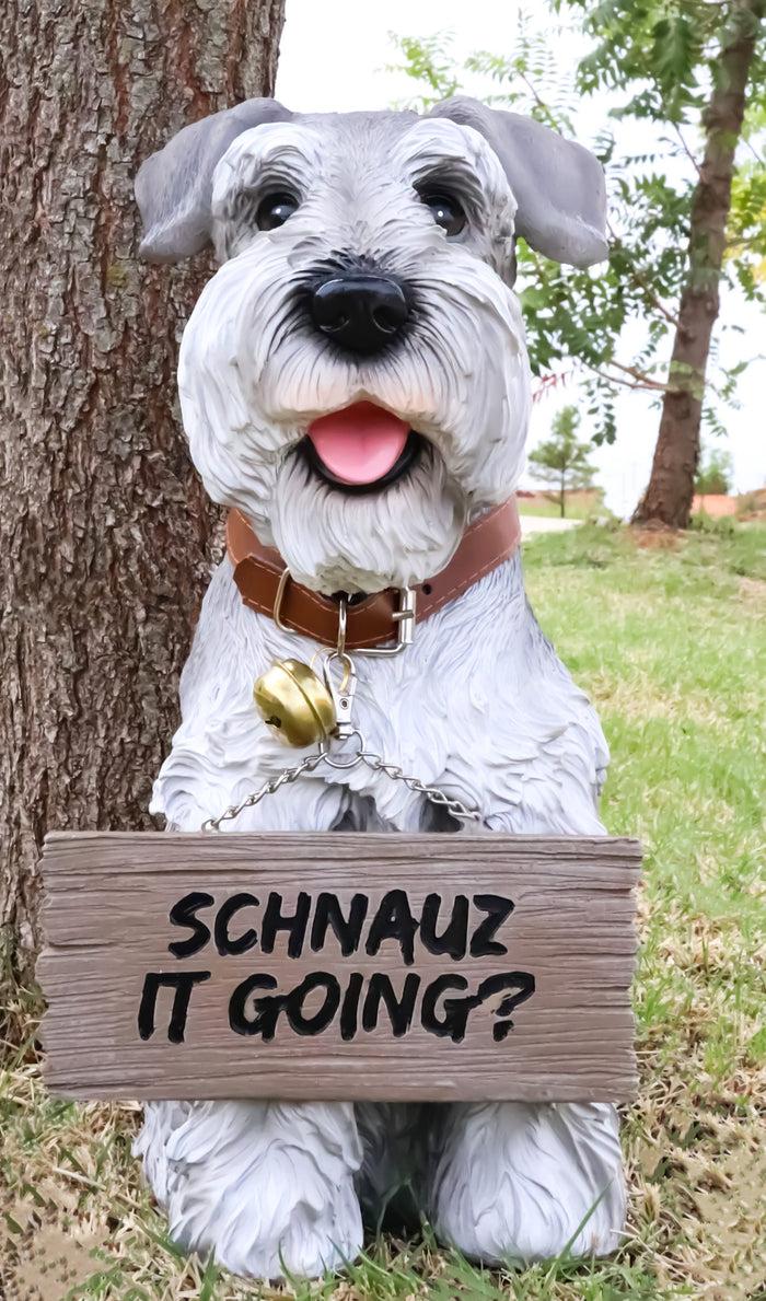 ebros gift Adorable Grey Schnauzer Dog Sitting With Jingle Collar Greetings Sign Statue