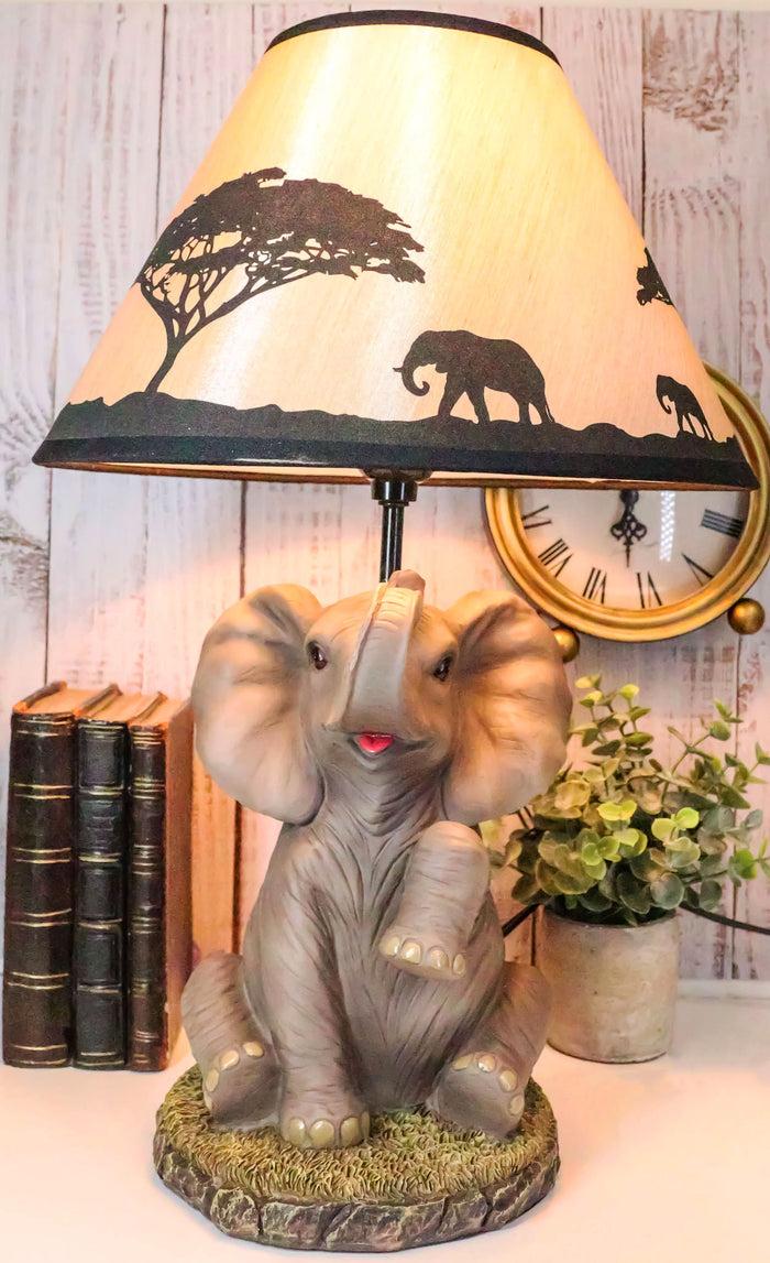 ebros gift African Safari Glow Sitting Elephant with Trunk Up Desktop Table Lamp With Shade