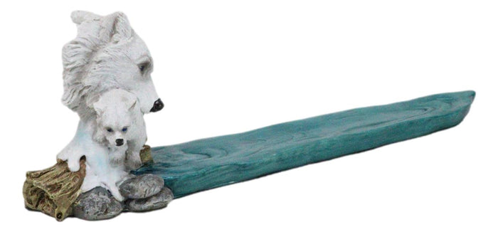 Ebros Gift Albino Arctic Snow White Wolf Mother With Baby Pup Incense Burner Figurine