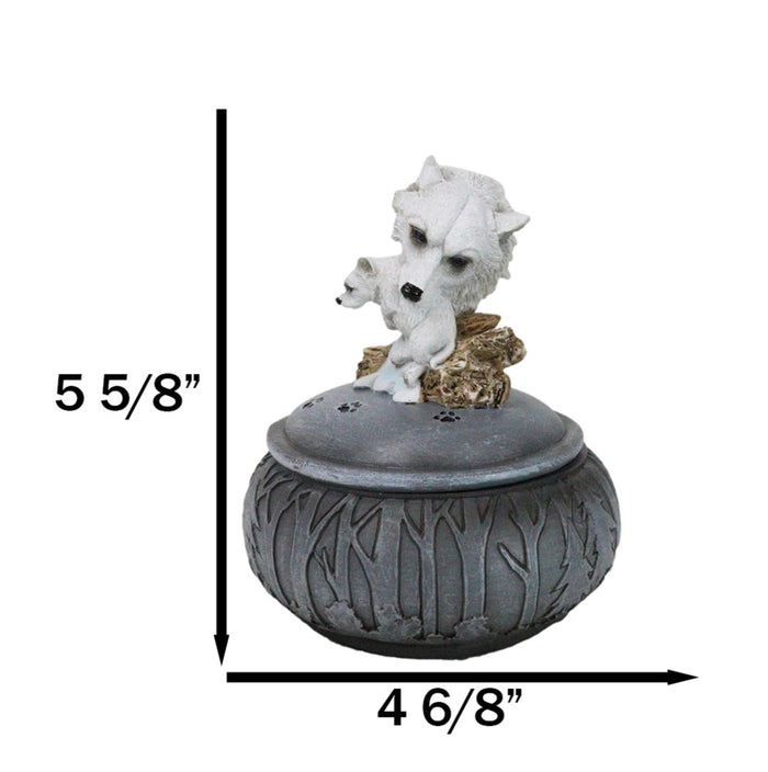 Ebros Gift Albino Snow White Wolf Carrying Cub In Mouth Round Decorative Jewelry Box