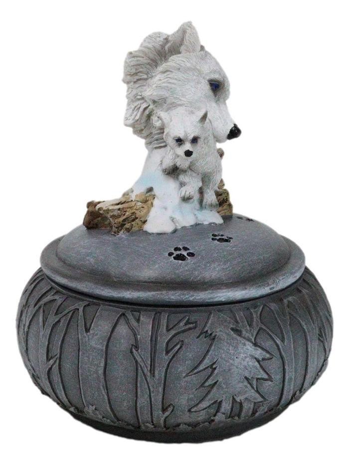 Ebros Gift Albino Snow White Wolf Carrying Cub In Mouth Round Decorative Jewelry Box