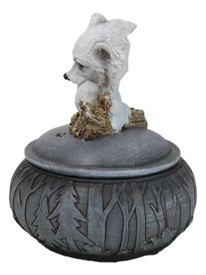 Ebros Gift Albino Snow White Wolf Carrying Cub In Mouth Round Decorative Jewelry Box