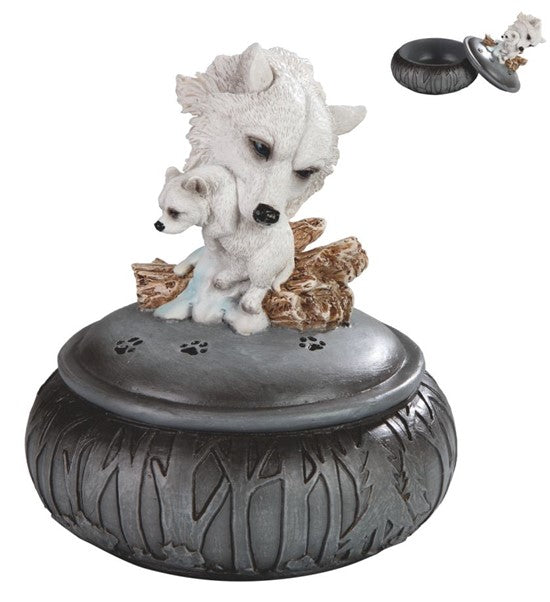 ebros gift Albino Snow White Wolf Carrying Cub In Mouth Round Decorative Jewelry Box