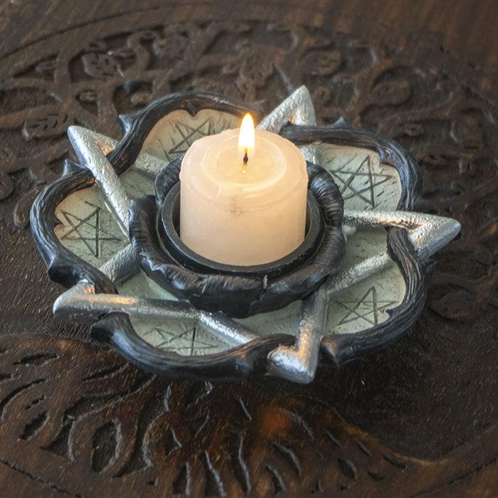 ebros gift Alchemy Rose of Otralanus Gothic Pentagram Stars Tea Light Votive Candle Holder