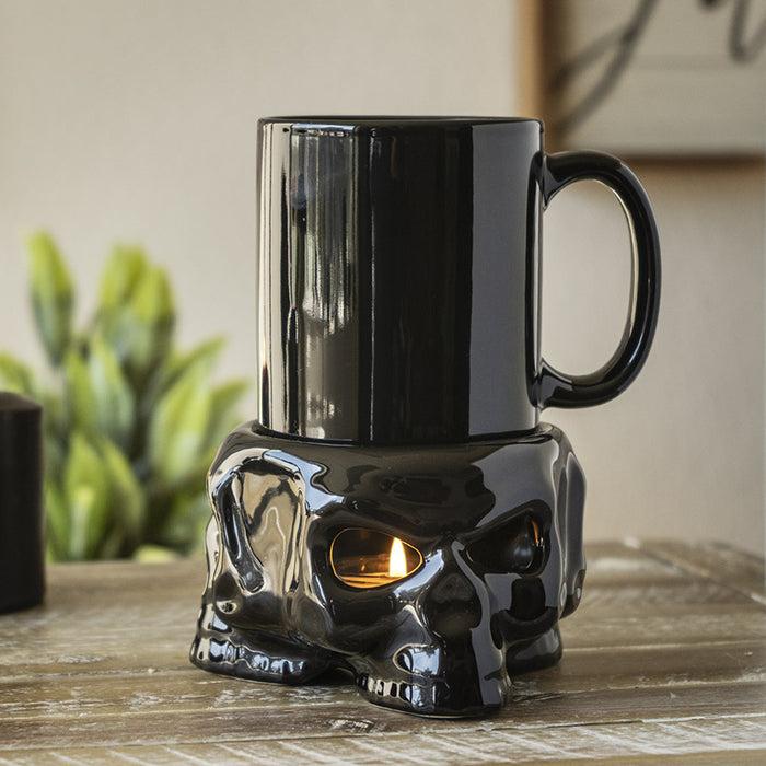 ebros gift Alchemy Triple Skulls Black Cup With Candle Holder Mug Warmer Shadow Caster Set
