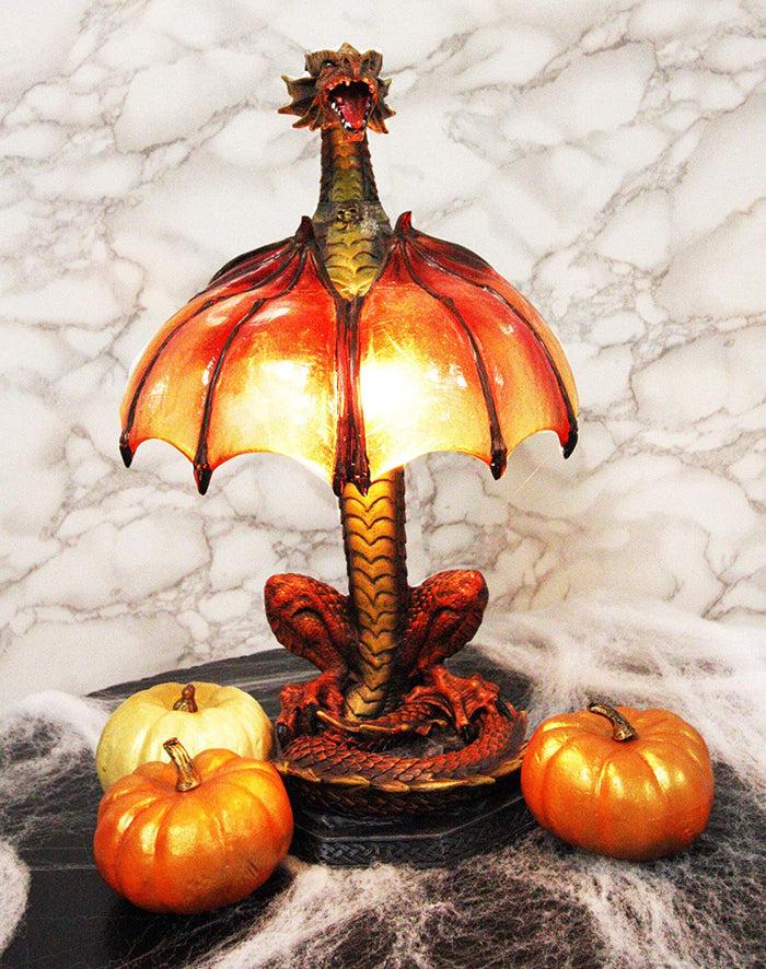 ebros gift Altar Drake Red Ember Dragon Building Fire With Its Wings Side Table Lamp Statue
