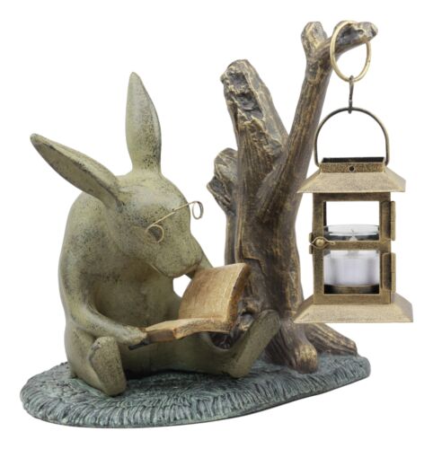 Ebros Gift Aluminum Whimsical Bunny Rabbit Reading Book By Midnight Candle Lantern Statue