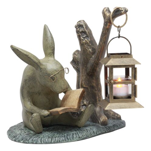 ebros gift Aluminum Whimsical Bunny Rabbit Reading Book By Midnight Candle Lantern Statue