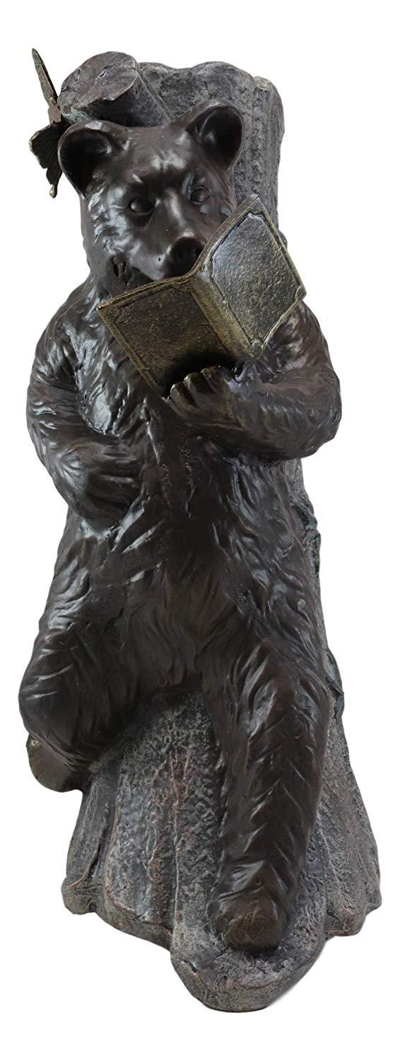 Ebros Gift Aluminum Whimsical Butterfly And Bear Resting On Tree Trunk Reading Book Statue