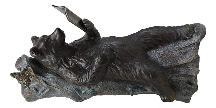 Ebros Gift Aluminum Whimsical Butterfly And Bear Resting On Tree Trunk Reading Book Statue